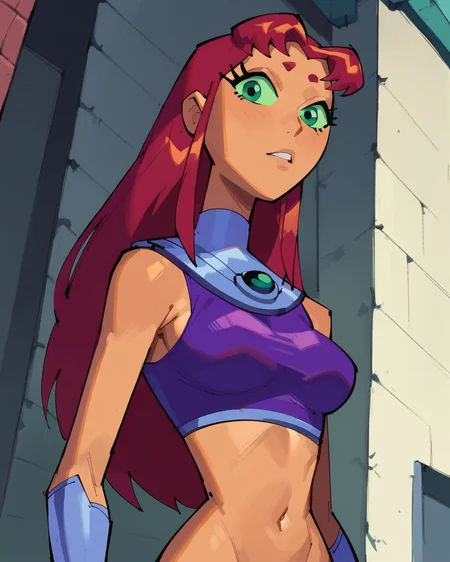 score_9, score_8_up, score_7_up, 1girl, solo, starfire, tan skin, dynamic view, dynamic angle, outdoors, <lora:Starfire_PonyXL:1>