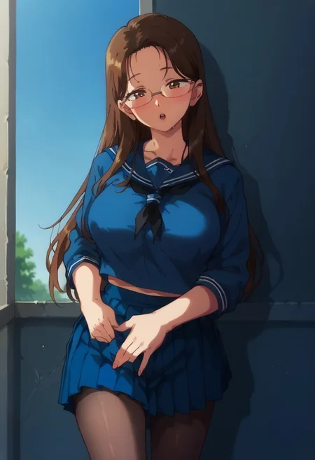 score_9, score_8_up, score_7_up, score_6_up, source_cartoon, 1girl, 
 sexy hips ,TomoeKisaragi,1girl,brown hair,long hair,forehead,brown eyes,eyewear, large breasts,
blue serafuku, pleated_skirt,blue skirt, black_pantyhose,
