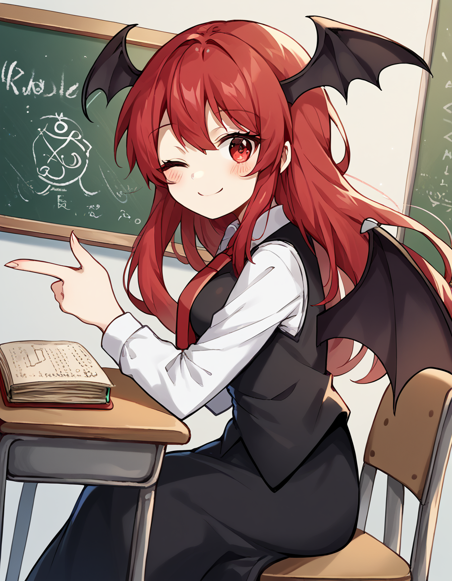 score_9, score_8_up, score_7_up, source_anime, <lora:koakuma-ponyxl-lora-nochekaiser:1>, koakuma, red eyes, red hair, long hair, sidelocks, medium breasts,, bat wings, black dress, black pantyhose, black skirt, black vest, dress, head wings, long sleeves, multiple wings, necktie, pantyhose, red necktie, shirt, skirt, vest, white shirt, wings,, classroom, chalkboard, day time, studying, sitting, chair, desk,, , <lora:double-finger-gun-ponyxl-lora-nochekaiser:1>, double finger gun,, blush, smile, one eye closed, from side, looking at viewer, solo,, dutch angle, cowboy shot