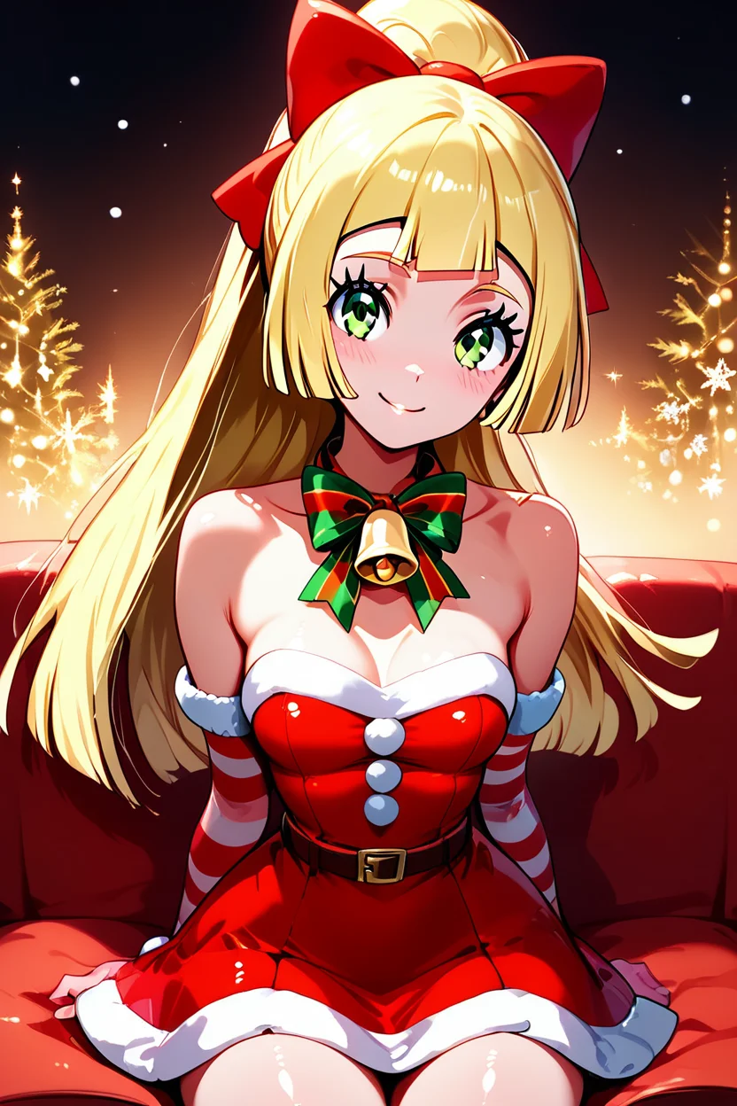 score_9, score_8_up, score_8, medium breasts, (curvy), cute, eyelashes, ,,, , zzPLillie, green eyes, blonde hair, hair bow, long hair, ponytail, bow, christmas, dress, bare shoulders, bell, striped, red dress, neck bell, belt, <lora:PeppermintLilliePDXL:1.0>, ,,,, BREAK, ,,, smile, looking at viewer, blush, blurry, couch, sitting, ,,, shiny skin, <lora:ProAnime_PDXL_v1:0.7>, ,,, embedding:zPDXL, Expressiveh, <lora:SDXLFaeTastic2400:0.5>, <lora:Expressive_H-000001:0.4>,