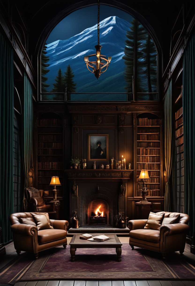masterpiece, best quality,  d4rk4c4dem1a,    sky, tree, cup, pillow, book, no humans, window, night, chair, table, plant, curtains, couch, wooden floor, mountain, bookshelf, lamp, candle, cushion, armchair, carpet, candlestand, rug, chandelier, fireplace, BREAK, subsurface scattering, soft lighting, contemplative expression, dark background, subtle makeup, high-resolution, detailed texture, emotional depth, dramatic mood  ,<lora:DarkAcademia_IXL:1.0>,