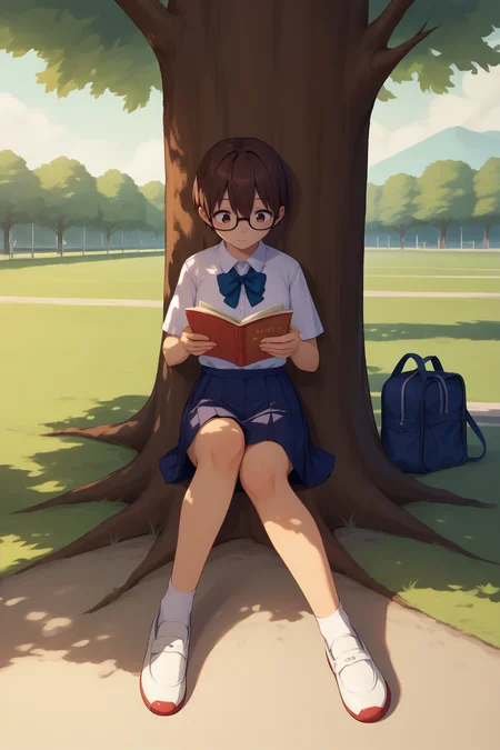 score_9, score_8_up, 1girl, solo,  <lora:zs_TomokoXL:1> tomokosh, short hair, brown hair, glasses, school outfit, school yard, outdoors, sitting on ground, leaning against tree, reading