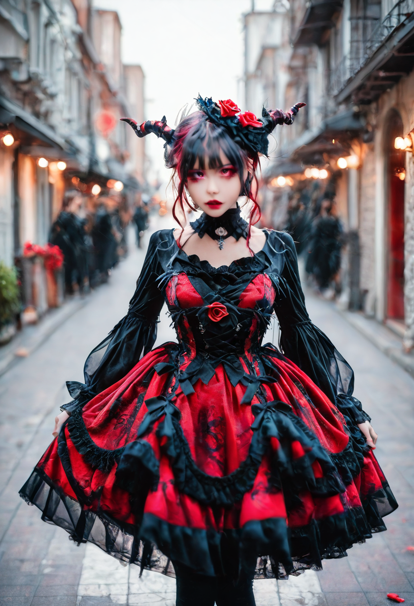<lora:Illustrious_Realistic_Fashion_Collection_-_Gothic_Lita:1> girl wearing a gothic fashion dress, on the street, black and red dress with roses, subsurface scathering, depth of field, skin pores, detailed skin, masterpiece, best quality, newest, absurdres, highres, feeling, impact, very awa, dim lighting, sidelighting, skindentation, amazing quality, scenery, very aesthetic, newest, volumetric lighting, blending, <lora:add-detail-xl:1> <lora:cfg_scale_boost:1> <lora:sdxl_enhance:1> <lora:spo_sdxl_10ep_4k-data_lora_webui:1>