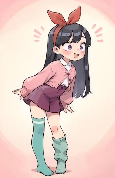 1girl, solo, <lora:qtkat:0.9> qtkat, traditional media, watercolor \(medium\),
<lora:VioletParr_NAI:0.5> violet parr, black hair, long hair, purple eyes, red ribbon-trimmed cardigan, sleeves past wrists, long sleeves, purple high-waist skirt, aqua loose thighhighs, no shoes, standing, body forward, joyful shout, animated expression, vibrant pose, extremely detailed, highres, masterpiece, best quality