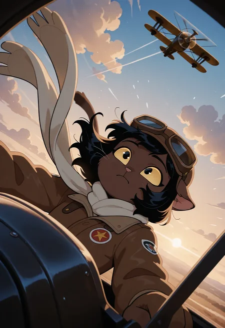 <lora:Ivy_Pepper v4 Ill8s965:1>
on model, screencap, flat color, ivyc, 1girl, upper body, female, solo, brown fur, black eyes, yellow sclera, black hair, medium hair, wind, messy hair, furry, anthro, flat chest, cat, tail, flying, cockpit, biplane, WW1 biplane, open cockpit, wind, sky, high speed, aviation, clouds, blur, motion blur, leather pilot cap, flight goggles on head, brown flight jacket, white scarf, long scarf, fluttering scarf, in air, gripping yoke, driving, ears back, focused expression, determined, dramatic lighting, dynamic angle, dogfight, cinematic, aerial perspective, midair, open sky, canvas wings, exposed engine, flight suit, pressing button, control panel, falling,