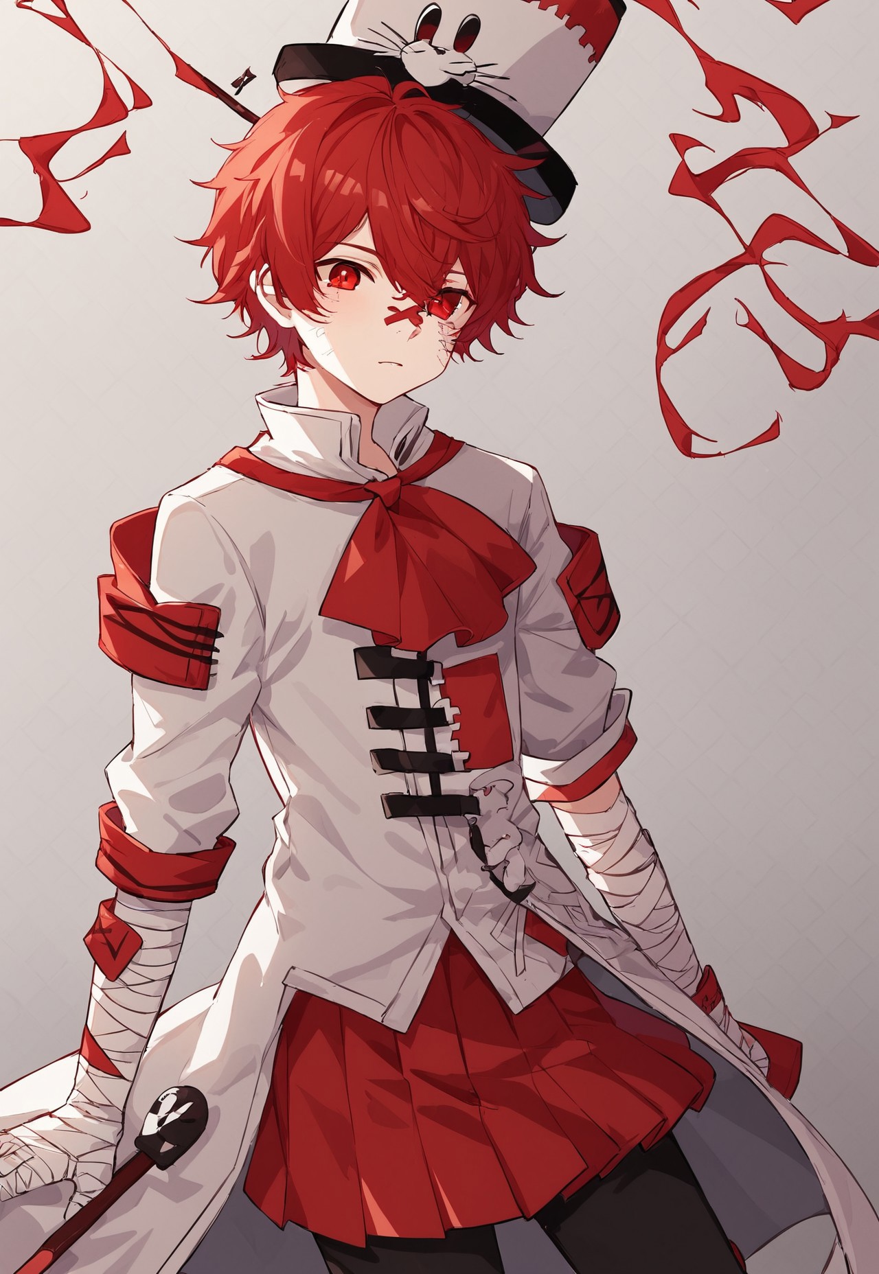 1boy, solo, Expressiveh, red hair, short hair, bandaged arm, white coat, white skin, scar on face, asymmetrical clothes, top hat, black pants, white boots, red skirt, mini skirt, pleated skirt, red ascot, red eyes, head flag, red sclera