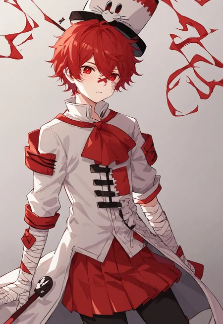 1boy, solo, Expressiveh, red hair, short hair, bandaged arm, white coat, white skin, scar on face, asymmetrical clothes, top hat, black pants, white boots, red skirt, mini skirt, pleated skirt, red ascot, red eyes, head flag, red sclera
