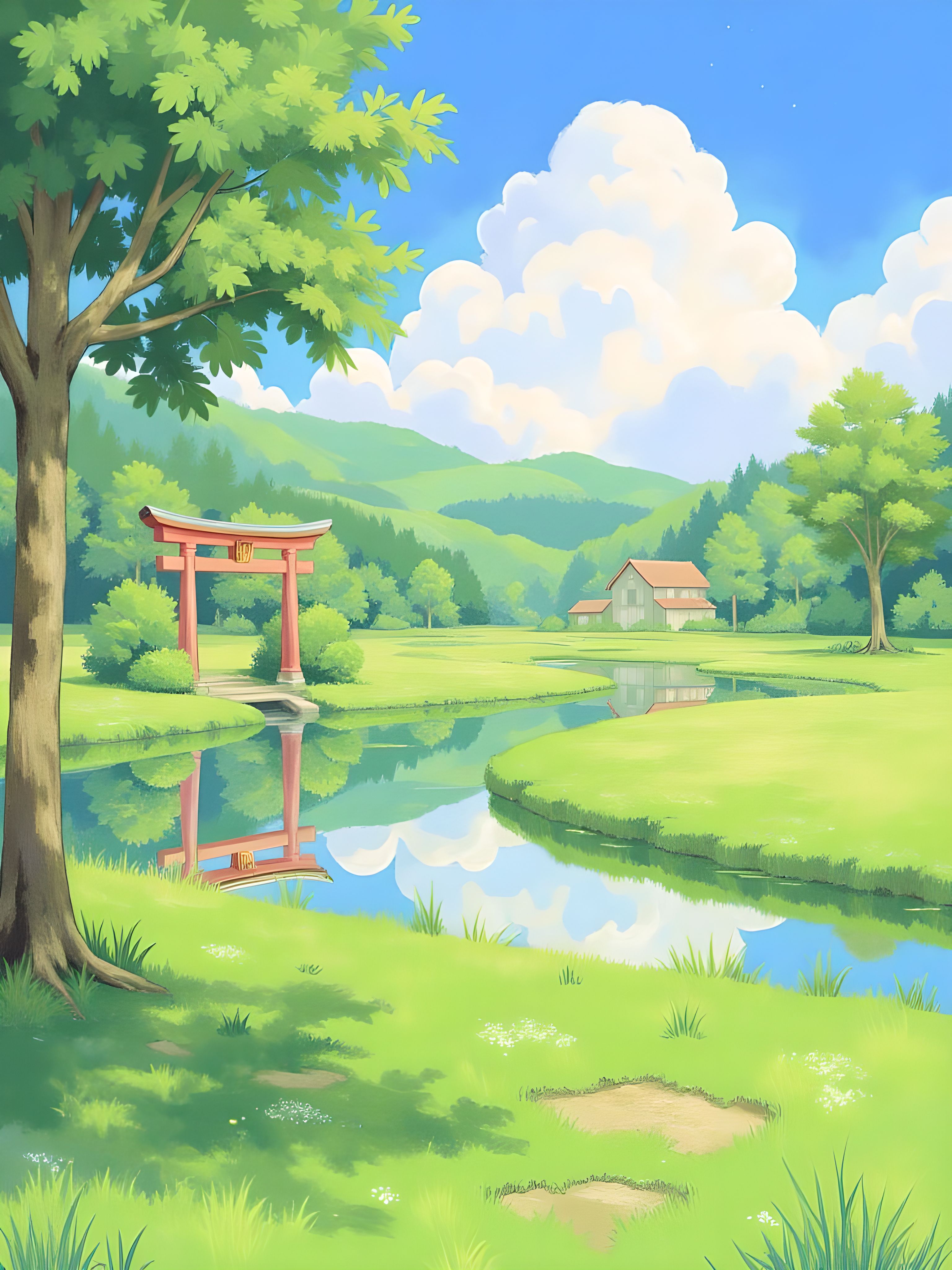 A serene outdoor scene depicted in pastel art style. It's a clear day with a bright blue sky and soft sunlight. In the foreground, there is a lush green field with patches of grass, small bushes, and various plants. A reflective body of water, possibly a rice paddy, mirrors the sky and nearby foliage. Trees and a torii gate are visible near the water, adding a traditional element to the natural scenery. In the background, there is a small house and a building surrounded by more greenery. The entire landscape feels peaceful and vibrant, with gentle colors and a calm, nature-filled atmosphere. aidmamjv7, aidmarealisticskin, reedy, nistyle, in the style of ckcs, drkfnts, v1v1dr34m <lora:aidmamjv7_aidmaMJv7-FLUX-v0.1:0.6> <lora:flux.1_lora_flyway_Epic-detail_v2:0.7> <lora:aidmarealisticskin_aidmaRealisticSkin-FLUX-v0.1:0.7> <lora:Dreamy_Illustrations_FLUX_LoRA-000001:1.0>