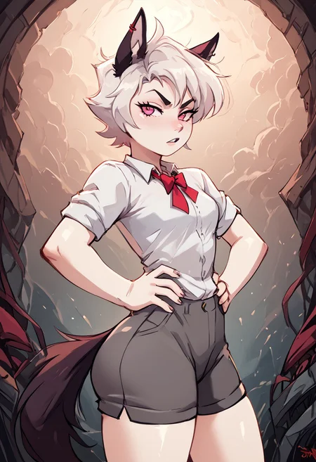 score_4_up, score_6_up, score_9, score_8_up, score_7_up, 1girl, small breasts, big ass. ONLY ONE FEMALE.
Yiffany (Yiffy), white skin, white hair, short hair, black wolf ears, pink eyes, black wolf tail, white shirt, red tie, grey shorts, red piercing, standing, kuudere expression, hands in hips,
Expressiveh, masterpiece, easynegative, high_quality, high_definition, 8k, verybadimagenegative_v1.3. <lora:add-detail-xl:0>, <lora:Expressive_H:1>, <lora:WildcardX-XL-Detail-Enhancer:1>, <lora:DetailedEyes_last:1>, <lora:Squeezer2:1>, EyesHD, Skin indention.
very detailed, very detailed, high detailed texture, cinematic illumination, volumetric lighting sexy, pressured, (color photo):