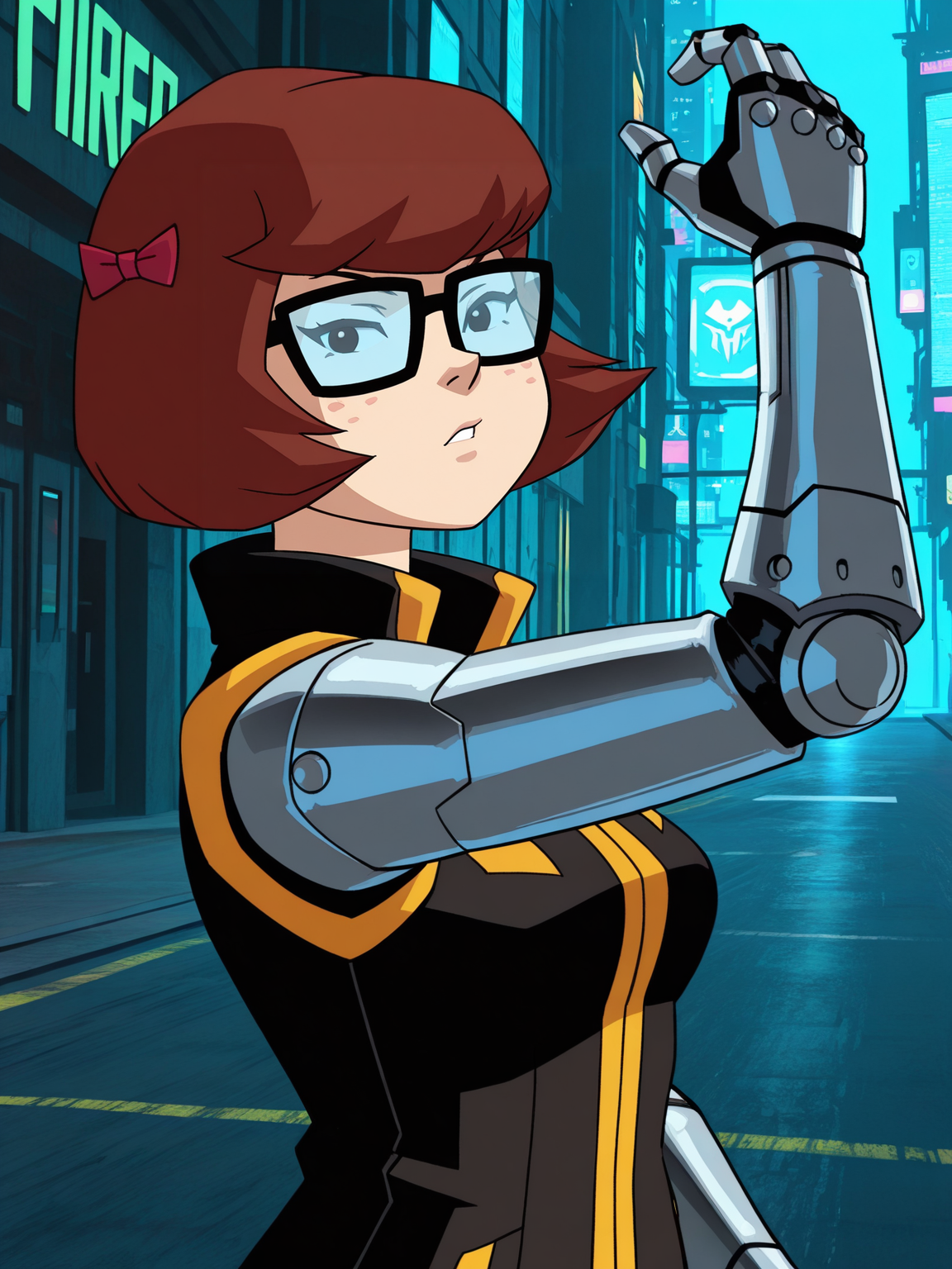 <lora:VelmaIL:0.8> ve_ma, 1girl, black eyes, bob hair, auburn hair, small red bows on hair, thick-framed square glasses, freckles,
looking at viewer, cyberpunk, augmentations, prosthetic, metal arm, GLOWING CYBERNETIC EYE,difficult background, at night, dynamic pose, upper body