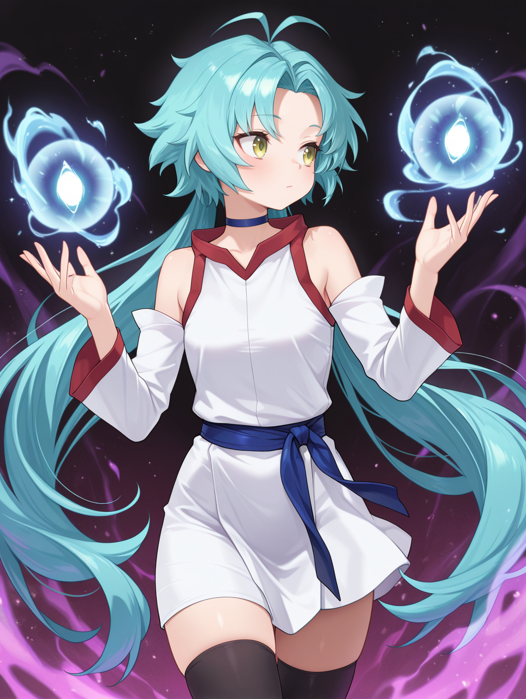 effect veiler, 1girl, blue choker, white sleeveless dress, white detached sleeves, blue sash, black thighhighs, magic, hands up, solo, looking to the side,
masterpiece,best quality,amazing quality,very aesthetic,absurdres,newest,<lora:Effect Veiler illusXL v1:0.73>,