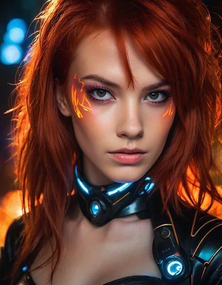 A Photograph capturing the essence of a young cyborg woman with fiery red hair. Her face fills the frame, bathed in neon hues, exuding determination and mystery amidst a futuristic backdrop., undefined