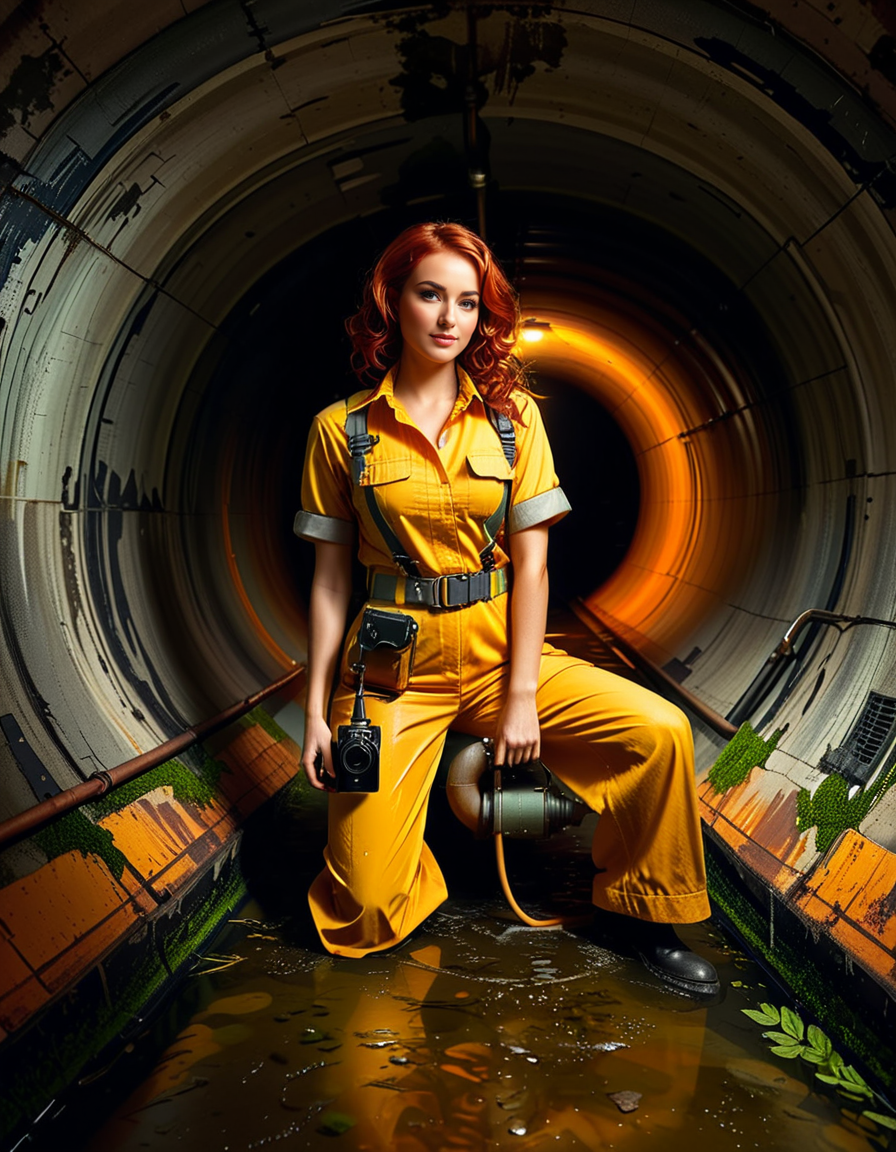 A young woman, April O'Neil, stands confidently in front of a large, circular sewer pipe,L4rg3 s3w3r p1p3. She has vibrant red, shoulder-length wavy hair and wears her iconic bright yellow jumpsuit with utility-style details, such as rolled-up sleeves and visible pockets. A brown utility belt is fastened around her waist. She holds a microphone or a small camera in one hand, highlighting her role as a journalist. Her expression is determined and slightly smiling, radiating courage and curiosity.
The sewer pipe behind her is massive and weathered, with green moss and moisture stains around its edges. The interior of the pipe is dark and shadowy, while the exterior is illuminated by soft natural light. There is a small puddle of water or wet ground in front of the pipe, reflecting faint light.
The background features an urban, industrial setting with worn brickwork surrounding the sewer opening, showing signs of age and decay. Small wild plants and grass grow around the base, adding a touch of nature to the scene.
The lighting is soft and dramatic, with natural sunlight streaming in and casting gentle reflections on the ground and inside the pipe. The image is styled as a semi-realistic illustration with vivid, bright colors for April O'Neil, contrasting with the muted, earthy tones of the background. The overall mood is adventurous and cinematic.<lora:SDXLFaeTastic2400:0.4> <lora:extremely_detailed:0.4> extremely detailed, <lora:L4rg3_s3w3r_p1p3:1>, Masterpiece,best quality,hi res,8k,hi res,8k,award winning,(sharp focus, intricate, highly detailed),