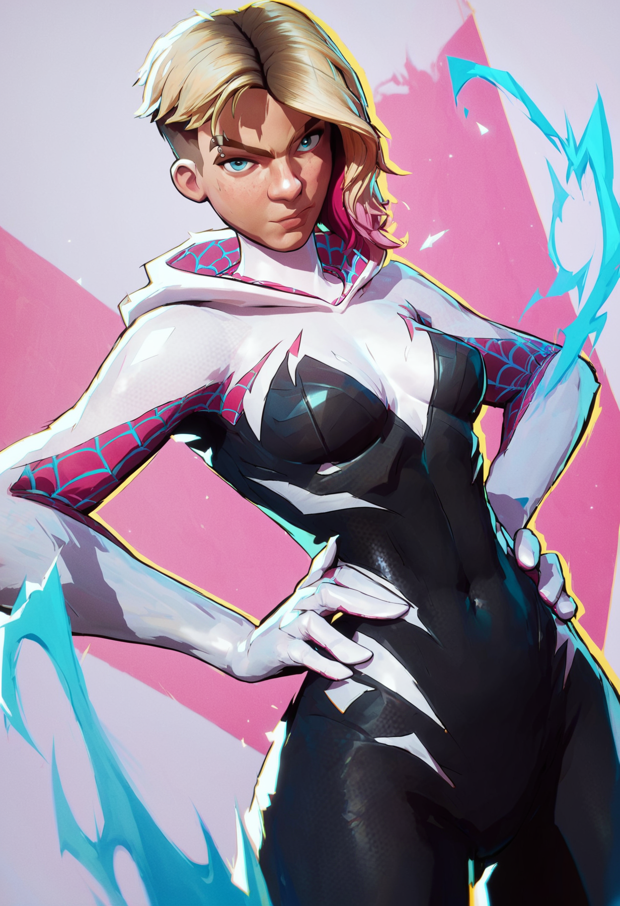 score_9, score_8_up, score_7_up, score_6_up, spider-gwen, fighting stance, looking at viewer, cowboy shot, cowboy shot, hands on hips,
,MarvelRivals, <lora:AMarvelRivals_style:1>, cartoon, aura, dutch angle,  <lora:HandFixer_pdxl_Incrs_v1:0.35>, handfixer,
