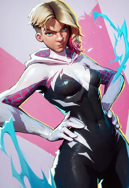 score_9, score_8_up, score_7_up, score_6_up, spider-gwen, fighting stance, looking at viewer, cowboy shot, cowboy shot, hands on hips,
,MarvelRivals, <lora:AMarvelRivals_style:1>, cartoon, aura, dutch angle, <lora:HandFixer_pdxl_Incrs_v1:0.35>, handfixer,