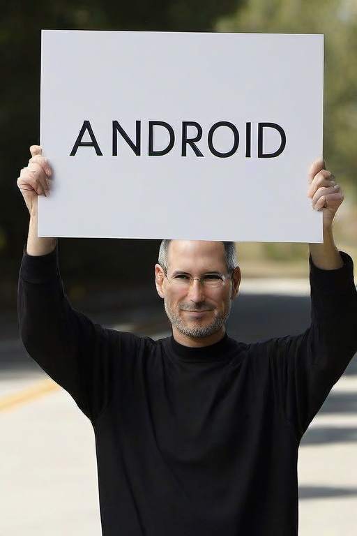 <lora:PE_HoldingSign:0.8> PEHoldingSign,
Steve Jobs holding a sign that says Android