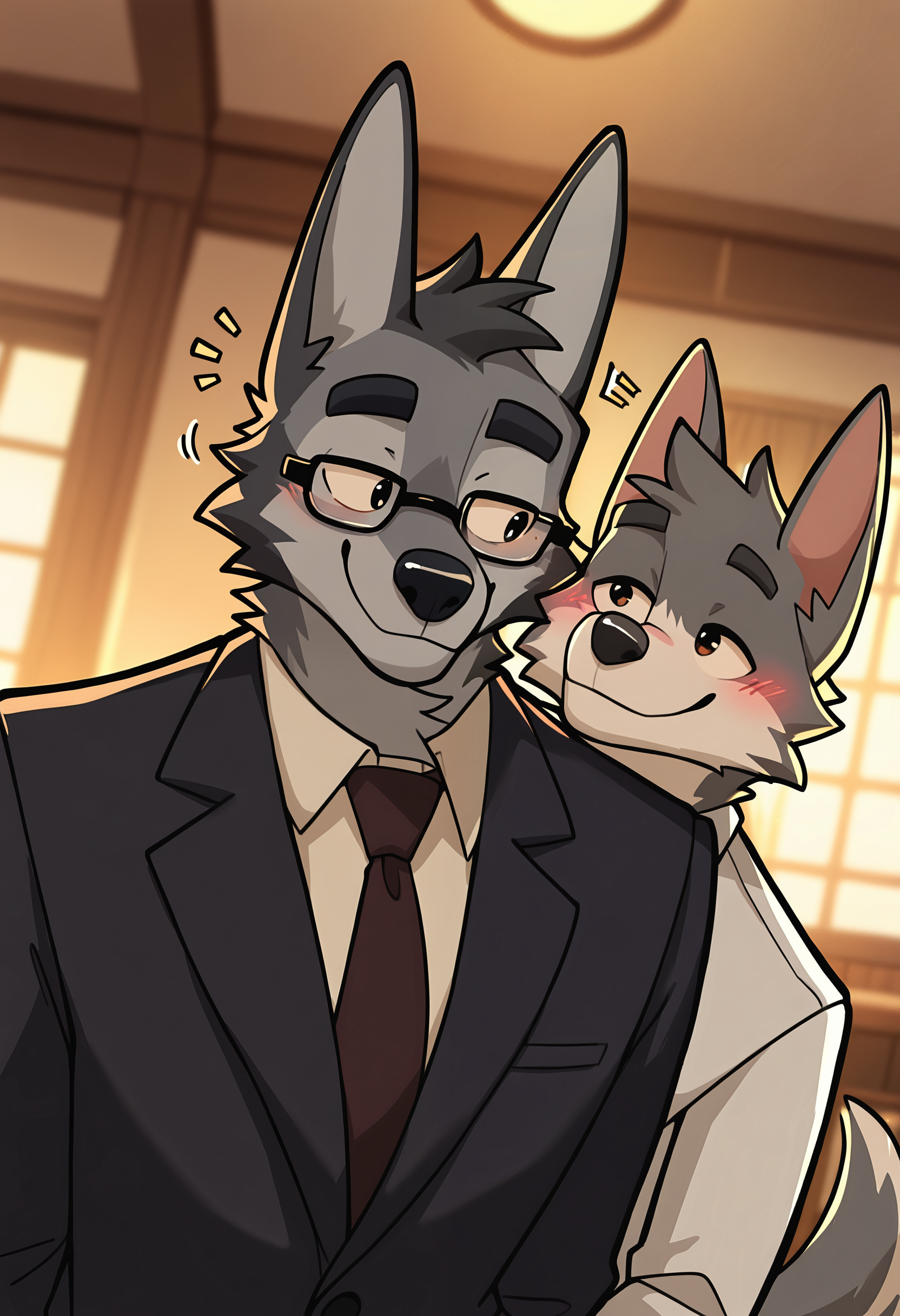 depth of field, detailed background, eye reflections, reflections,   dutch angle, anthro, adult, furry, no humans, tail, sound effect,   flirty expression, seductive glance, sound effect, motion lines,   by gr3yyy, <lora:Greyyy_Artist_Style_Illustrious:1.0>,   masterpiece, best quality, amazing quality, very aesthetic, absurdres, newest,  2boys, multiple boys, furry male, male focus, furry, yaoi, animal ears, formal, suit, blush, dog boy, necktie, smile, upper body, looking at another, furry with furry, eye contact, wolf ears, short hair, thick eyebrows, dog ears, glasses, shirt, collared shirt, grey fur