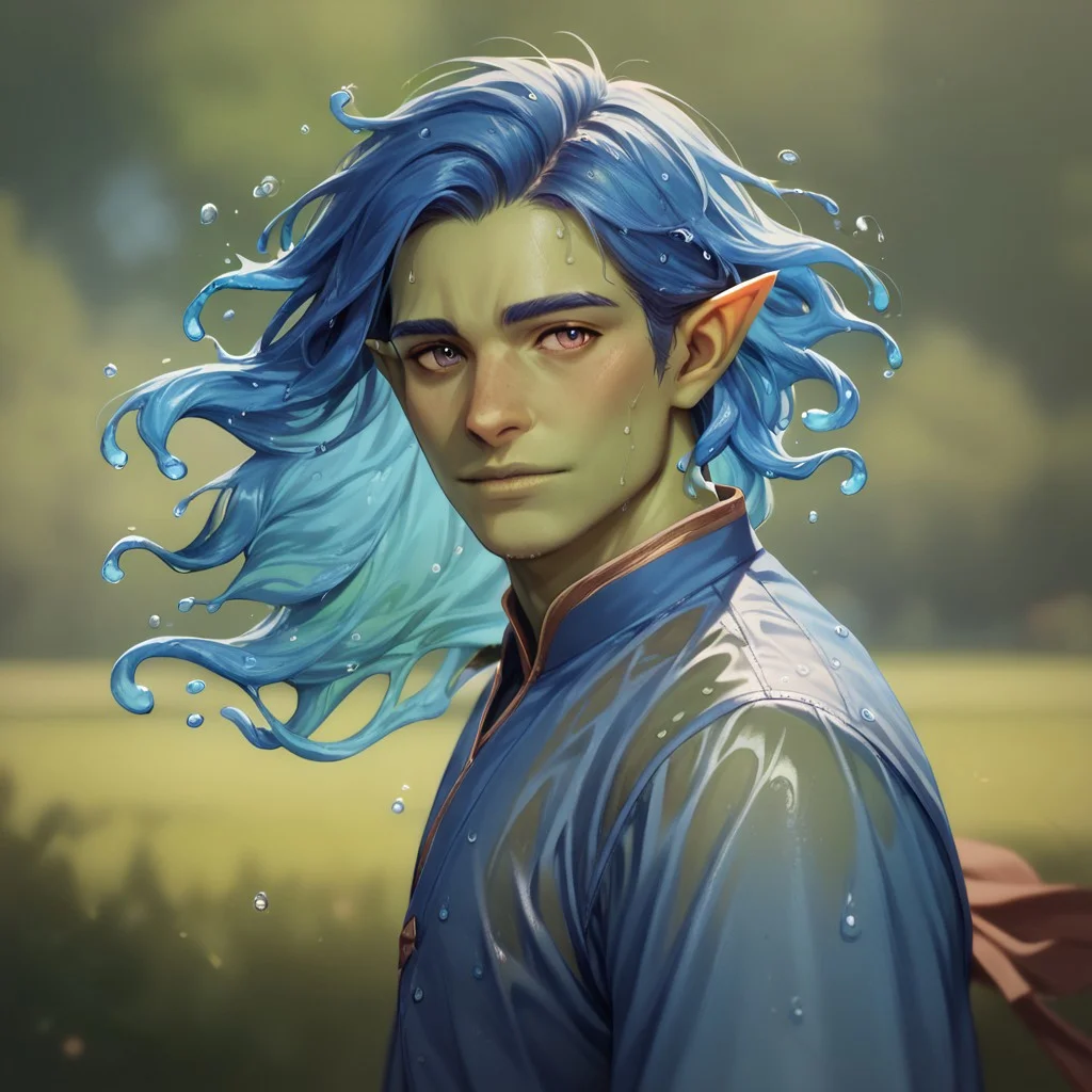 (((detailed, beautiful, high quality))), upper Body, score_9, score_8_up, score_7_up,
watergenasi, pointed ears, floating hair, liquid hair, wet clothes, wet body,
1 male, green skin, blue hair, blue kimono,
looking at the viewer, posing, blurred background, blurred fantasy background,