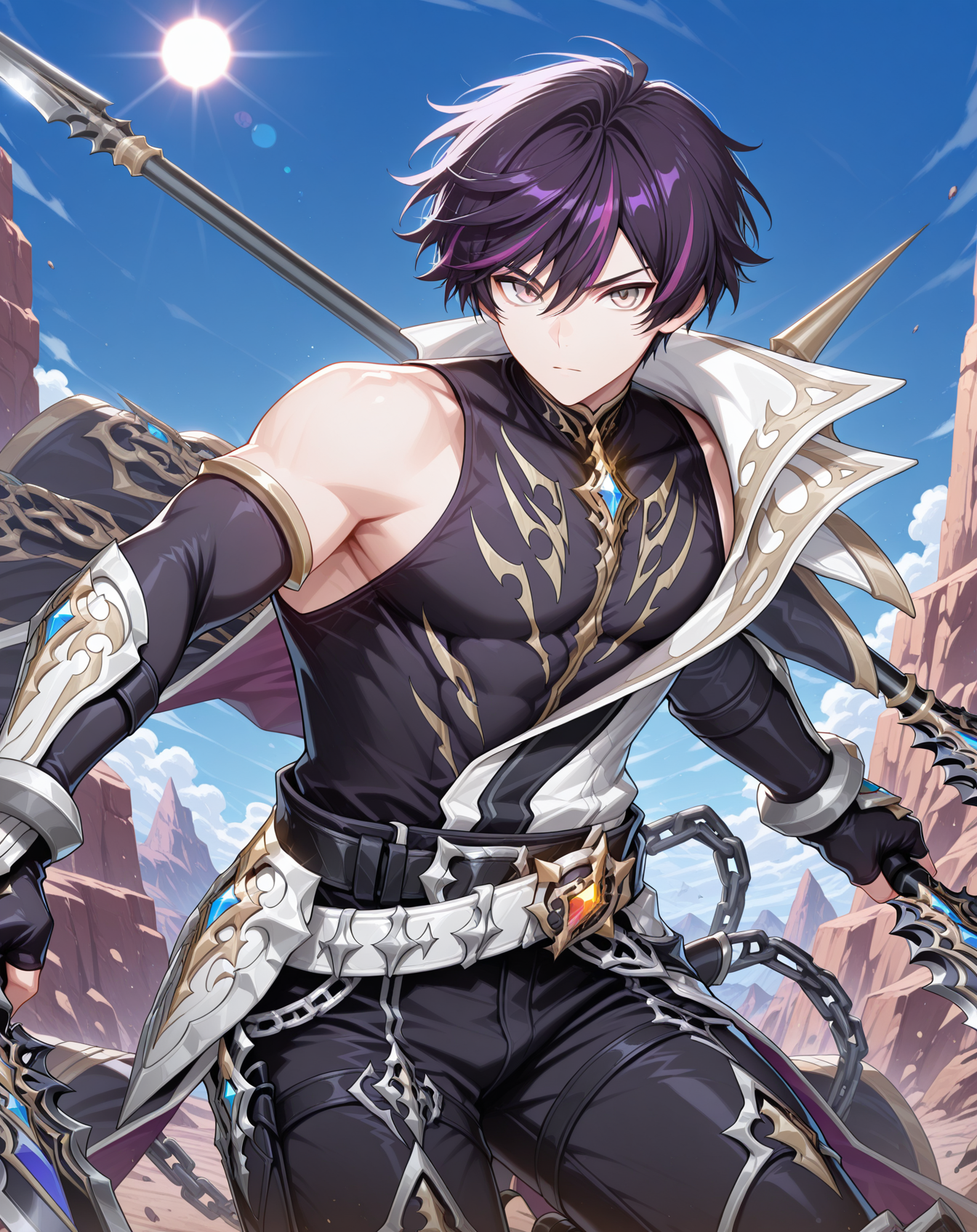 masterpiece,best quality,amazing quality, newest, very aesthetic, absurdres,
1boy, solo, yaoi, male focus, cowboy shot, upper body, looking at viewer, face focus,
<lora:Sieghart_T_FSI:1>  siegtfsi, black hair, short hair, purple hair, streaked hair, grey eyes,
black gloves, black pants, fingerless gloves, boots, , spear, black shirt, bare shoulders, armor, sleeveless shirt, detached sleeves, elbow gloves, chain,
holding weapon, holding polearm, dual wielding, knife, gem, belt,
outdoors, day, blue sky,
outdoors, day, blue sky, sun,