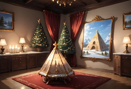 The quaint dining chamber exudes warmth and comfort, much like the embrace of an old friend. Gilded candles cast dancing shadows along the ornate walls, while sumptuous tapestries depicting mythic scenes sway gently overhead. The savory scent of roasted turkey mingles deliciously with notes of cinnamon and clove, promising culinary delight.
Yet amidst such festive trappings lies a haunting tableau—a pyramid of verdant rice cakes stacked high atop gleaming chinaware. Each plump disc bears a visage both eerily innocent yet undeniably morose; bulbous button eyes stare out blankly above pinched little mouths downturned in permanent frowns. They perch precariously on the edge of the plate, ready to tumble downwards at any moment—much like so many hopes dashed during the holiday season.
BREAK,
score_9, score_8_up, score_7_up, ratting_safe,
Impressionism, impressionist painting, loose brushwork, light and shadow play, captures feeling over form,
figure-studies, oil-painting, romanticism, painting, elegance, opulence,
beautiful, painterly, detailed, textural, artistic, aesthetic, intricate details, highly detailed, vivid, vibrant,
chrlib, scenery, indoors, living room, night, oven, christmas tree, christmas ornaments, red carpet, no humans, full_details,,
impressionist art, impressionistic oil painting, acrylic oil painting, loose brushwork, expressive brushwork, figurative art, xmas_style_2K24