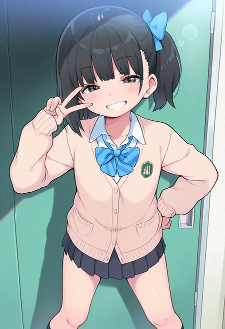 (SuperQuality:1.0), masterpiece, best quality, amazing quality, very aesthetic, high resolution, ultra-detailed, absurdres, BubukkaStyle, black hair, black eyes, side-ponytail, cardigan, school uniform, blue bow, long sleeves, 1girl, solo, looking at viewer, grin, v, standing, legs apart, one hand on hips,
