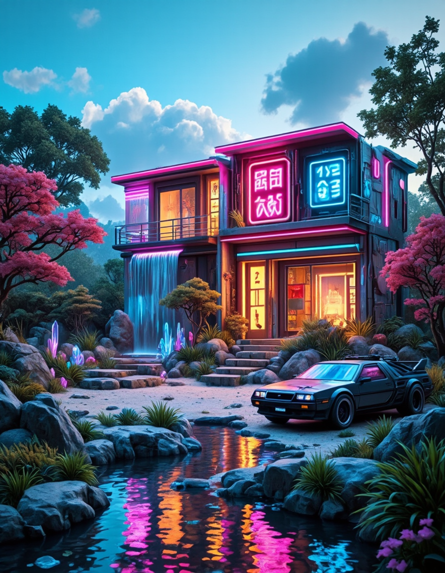 <lora:CWMinis01v2flux:1> cw01mini, cyberpunk, japanese garden, cyberpunk house, design, glowing runes, glow, illuminated, day, neons, tubes on walls, photo, trees, vegetation, blue sky, clouds, waterfall, rocks, sand, crystals, colorful, ice shards, sunset, cyberpunk car, loose wires, car neons, pond, wet, reflections, detailed,