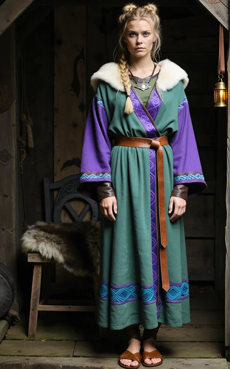 1girl,Viking, Gunnhild from the TV series Vikings, Ragnheiður Ragnarsdóttir, 41yo, tall, dark blonde hair, long hair, wavy hair, hair tied back, blue eyes, serious look, strong build, normal breasts, A mystic seerâs robe in deep amethyst, moss green, and twilight silver, crafted from hand dyed wool with celestial inspired embroidery. The wide sleeves are lined with sheepskin for warmth, while a heavy bronze pendant hangs from the high collar. Paired with tasseled leather sandals and a handwoven sash.,