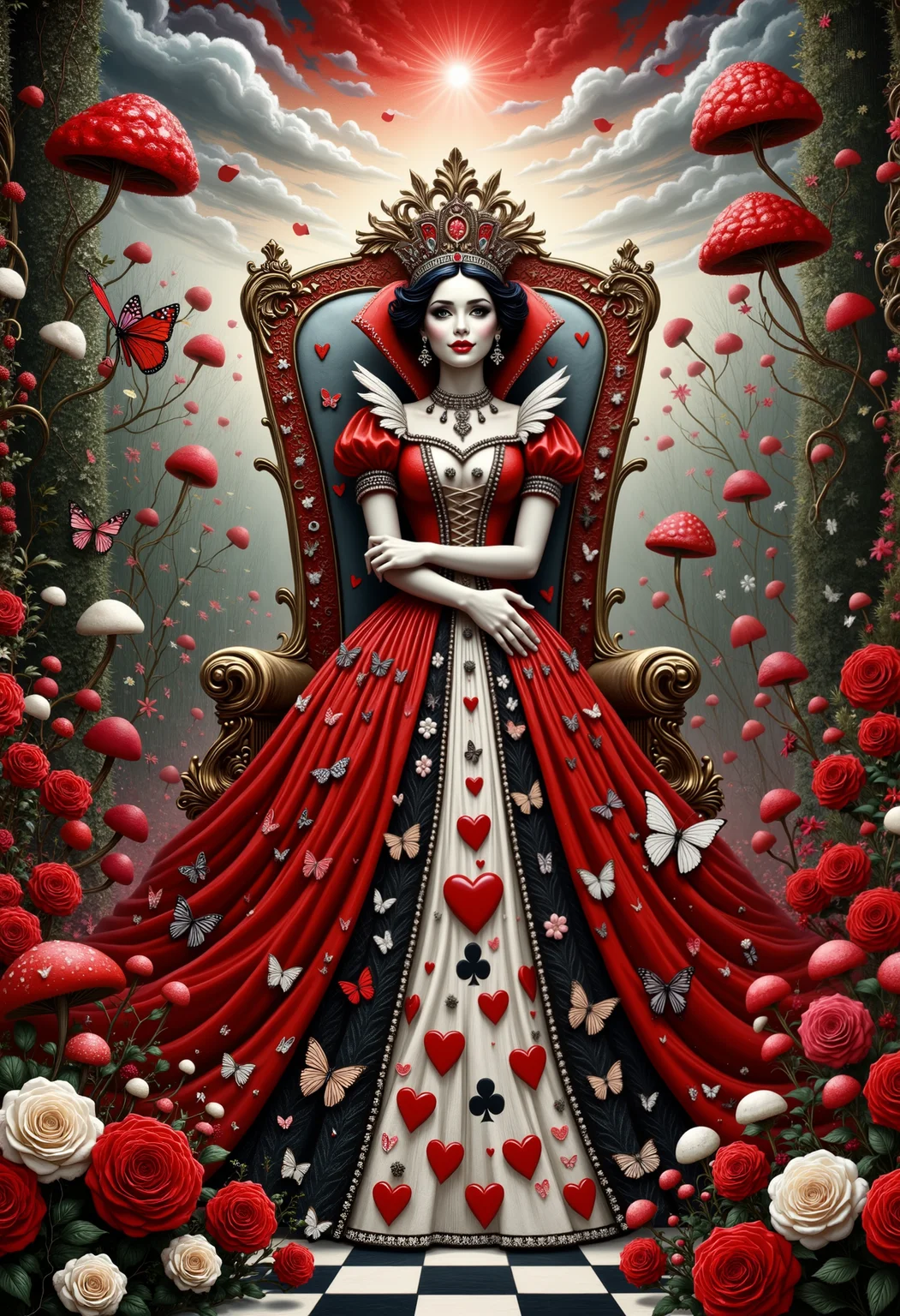 In a vibrant, surreal garden filled with oversized roses painted in vivid reds and whites, the Queen of Hearts stands regally on her ornate throne, draped in a flowing gown adorned with heart motifs, each heartbeat seemingly echoing her volatile temperament. The air is thick with tension as her sharp, piercing gaze scans her court, where playing cards serve as her loyal subjects, their expressions a mix of fear and obedience. Twisted hedgerows frame the scene, their tops shaped like giant, whimsical curls, while a checkerboard pathway stretches into the distance, punctuated by clusters of fluttering butterflies and peculiar toadstools that sway gently in the uncanny breeze. Above, surreal clouds drift lazily, casting playful shadows, as the ever-present threat of her booming decreeâOff with their heads!âlingers ominously in the air, infusing the scene with an unsettling charm.