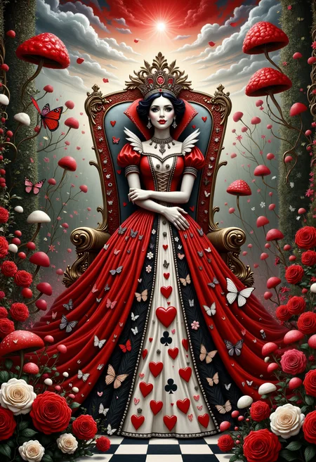 In a vibrant, surreal garden filled with oversized roses painted in vivid reds and whites, the Queen of Hearts stands regally on her ornate throne, draped in a flowing gown adorned with heart motifs, each heartbeat seemingly echoing her volatile temperament. The air is thick with tension as her sharp, piercing gaze scans her court, where playing cards serve as her loyal subjects, their expressions a mix of fear and obedience. Twisted hedgerows frame the scene, their tops shaped like giant, whimsical curls, while a checkerboard pathway stretches into the distance, punctuated by clusters of fluttering butterflies and peculiar toadstools that sway gently in the uncanny breeze. Above, surreal clouds drift lazily, casting playful shadows, as the ever-present threat of her booming decreeâOff with their heads!âlingers ominously in the air, infusing the scene with an unsettling charm.