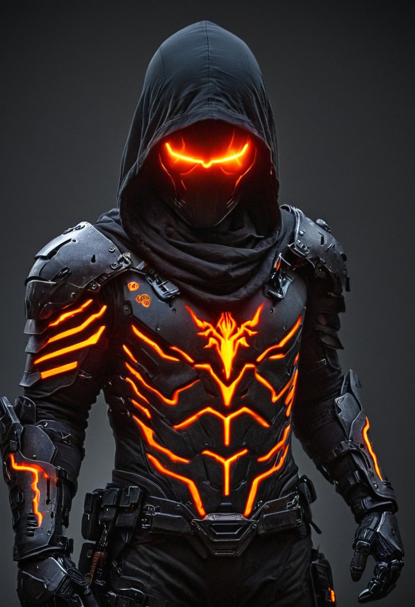 dark rugged realm, phantom warrior emerges from the shadows, clad in tattered black cyberpunk armor, etched with fiery orange circuitry, like a dark mechanical specter, The figure's face is shrouded in an impenetrable black hood, with only two blazing orange optics piercing the darkness, like hot coals from a malevolent forge, The armor is shifting and writhe like living darkness, with orange neon-like energy bleeding from the cracks, 
use colors like maroon and colors like dark maroon and colors like purple