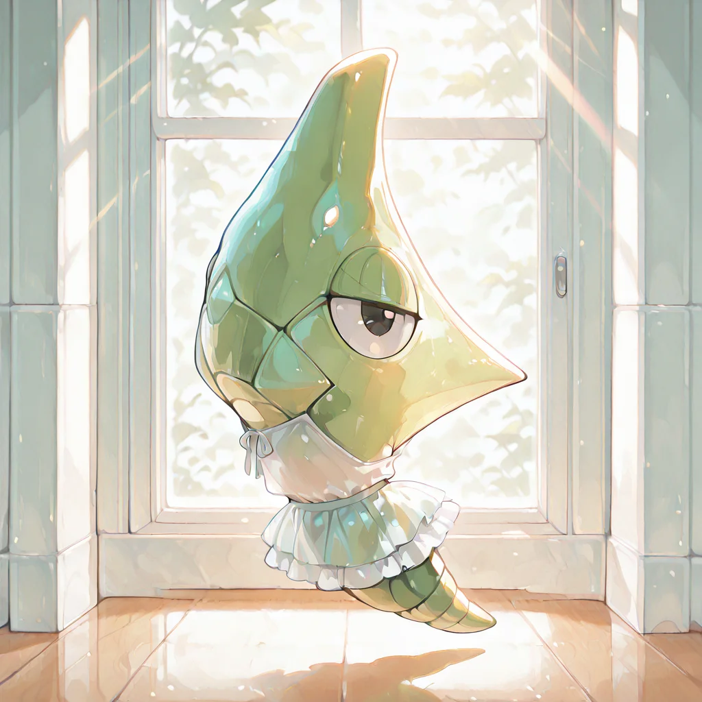 (masterpiece), (best quality), (ultra-detailed), metapod, full body, slightly turned, two eye visible, clothed pokemon, transparent smooth dress, see-through shirt, frilled skirt, half-closed eyes, looking at viewer, anime, artwork, sunlight through window enhance transparency, light rays, illustration, perfect composition, intricate details