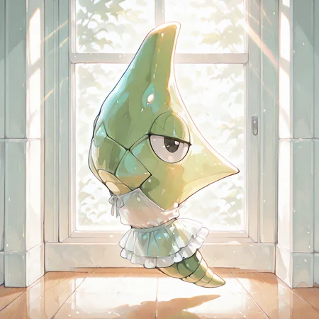 (masterpiece), (best quality), (ultra-detailed), metapod, full body, slightly turned, two eye visible, clothed pokemon, transparent smooth dress, see-through shirt, frilled skirt, half-closed eyes, looking at viewer, anime, artwork, sunlight through window enhance transparency, light rays, illustration, perfect composition, intricate details
