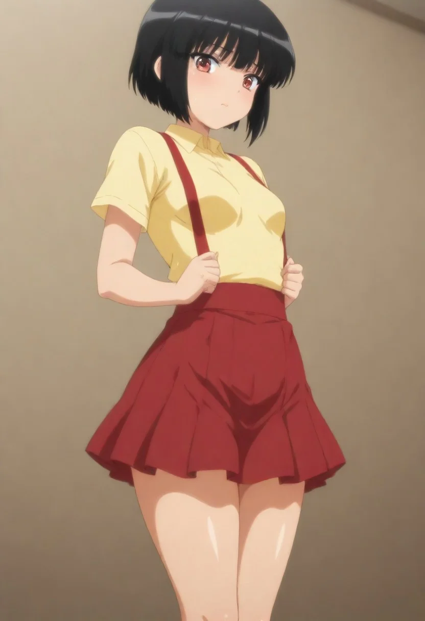 masterpiece, best quality, amazing quality, 1girl, solo,,, shiny skin,,,,,Toire no Hanako-san no Sakurako-san,black_hair, short_hair, small breasts, short body,yellow shirt,suspenders, red skirt,