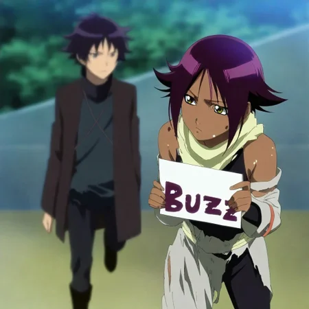 Hold up a sign saying (buzz):2,depth of field,realistic, dirty Yoruichi Shihoin, dirty spots and torn clothes, a dusty street, wall, anime coloring,anime screencap,(best quality).score_9,score_8_up,score_7_up,source_anime,(masterpiece:1.2),best quality, 1girl,score_9,score_8_up,score_7_up,source_anime,(((holding a sign that says "BUZZ":2))), cute pouting expression, dirty Yoruichi Shihouin, dirty spots and torn clothes, a dusty street, wall background, sign it says (buzz)