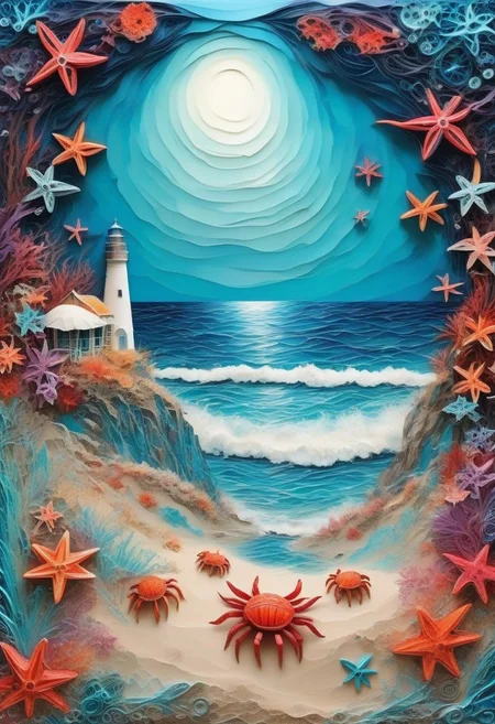 Stunning Art Piece Combining Paper Quilling, Layered Paper And Oil Painting Techniques. this surreal landscape painting evoking the hauntingly beautiful styles of beksinski and leonid afremov, as a Stunning Art Piece Combining Paper Quilling, Layered Paper And punchy colors Oil Painting , of a beach with a turquoise ocean, shells starfish, crabs, beach towel, patasol, on a sunny day, devoid of any human presence
, infused with the mesmerizing optical illusions reminiscent of yaacov agam s art, creating a truly one-of-a-kind, captivating art piece.