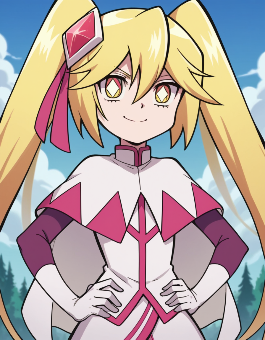 score_9, score_8_up, score_7_up, source_anime,
queendiamond, <lora:queen-diamond-s1-ponyxl-lora-nochekaiser:1>,
queen diamond, long hair, blonde hair, twintails, yellow eyes, diamond eyes, hair ornament, hair ribbon, ribbon, hair between eyes,
dress, capelet, white capelet, gloves, white gloves,
outdoors, hands on hips, smile,
looking at viewer, upper body, solo, dutch angle,