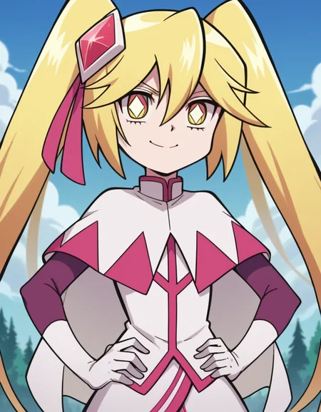 score_9, score_8_up, score_7_up, source_anime,
queendiamond, <lora:queen-diamond-s1-ponyxl-lora-nochekaiser:1>,
queen diamond, long hair, blonde hair, twintails, yellow eyes, diamond eyes, hair ornament, hair ribbon, ribbon, hair between eyes,
dress, capelet, white capelet, gloves, white gloves,
outdoors, hands on hips, smile,
looking at viewer, upper body, solo, dutch angle,