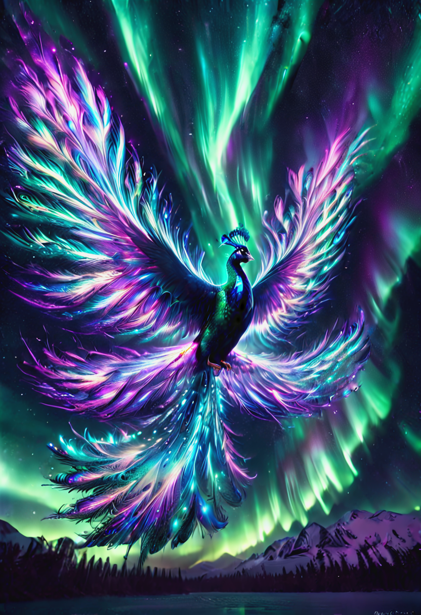 morph-aurora,Peacock flying<lora:aurora_0_100_V1-000009:1>