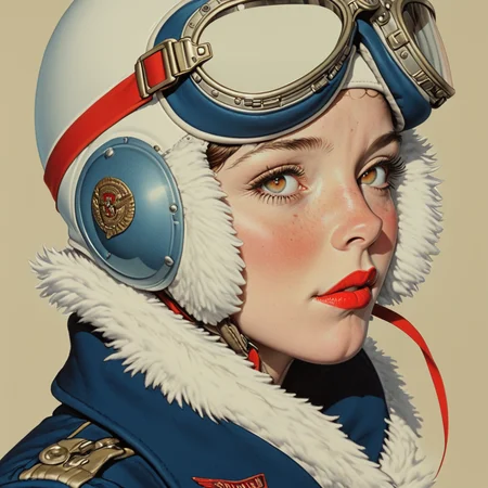 ArsMJStyle, Colored pencil hyperdetailed realism <lora:HyperdetailedColoredPencilV2SDXL:1> ArsMJStyle, Colored pencil hyperdetailed realism, The image is a portrait of a woman wearing a futuristic-looking helmet and goggles. The helmet is white with red accents and has a large visor that covers the top half of her head. The goggles are red and have a pair of goggles attached to them. The woman is wearing a blue jacket with a white fur collar and a red scarf tied around her neck. She has a red ribbon tied in a bow on her neck and a gold emblem on her chest. She is also wearing red lipstick and has her hair styled in a bob. The background is a light beige color. The overall style of the image is reminiscent of a vintage or retro aviator or pilot's uniform., 1girl, freckles, solo, helmet, red lips, fur trim, profile, simple background, goggles, brown eyes
