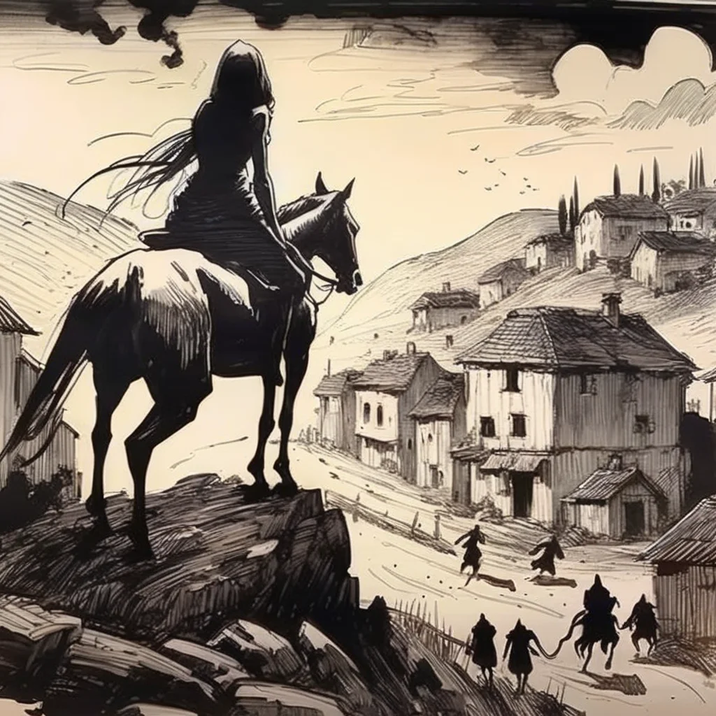 drawix6 death girl on a horse, village in the background, people, demons, dark atmosphere, black ink <lora:drawix6:1>