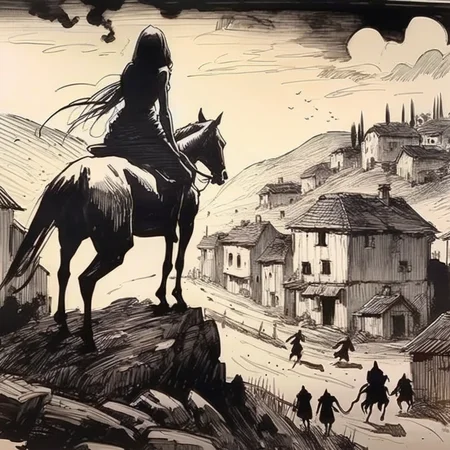 drawix6 death girl on a horse, village in the background, people, demons, dark atmosphere, black ink <lora:drawix6:1>
