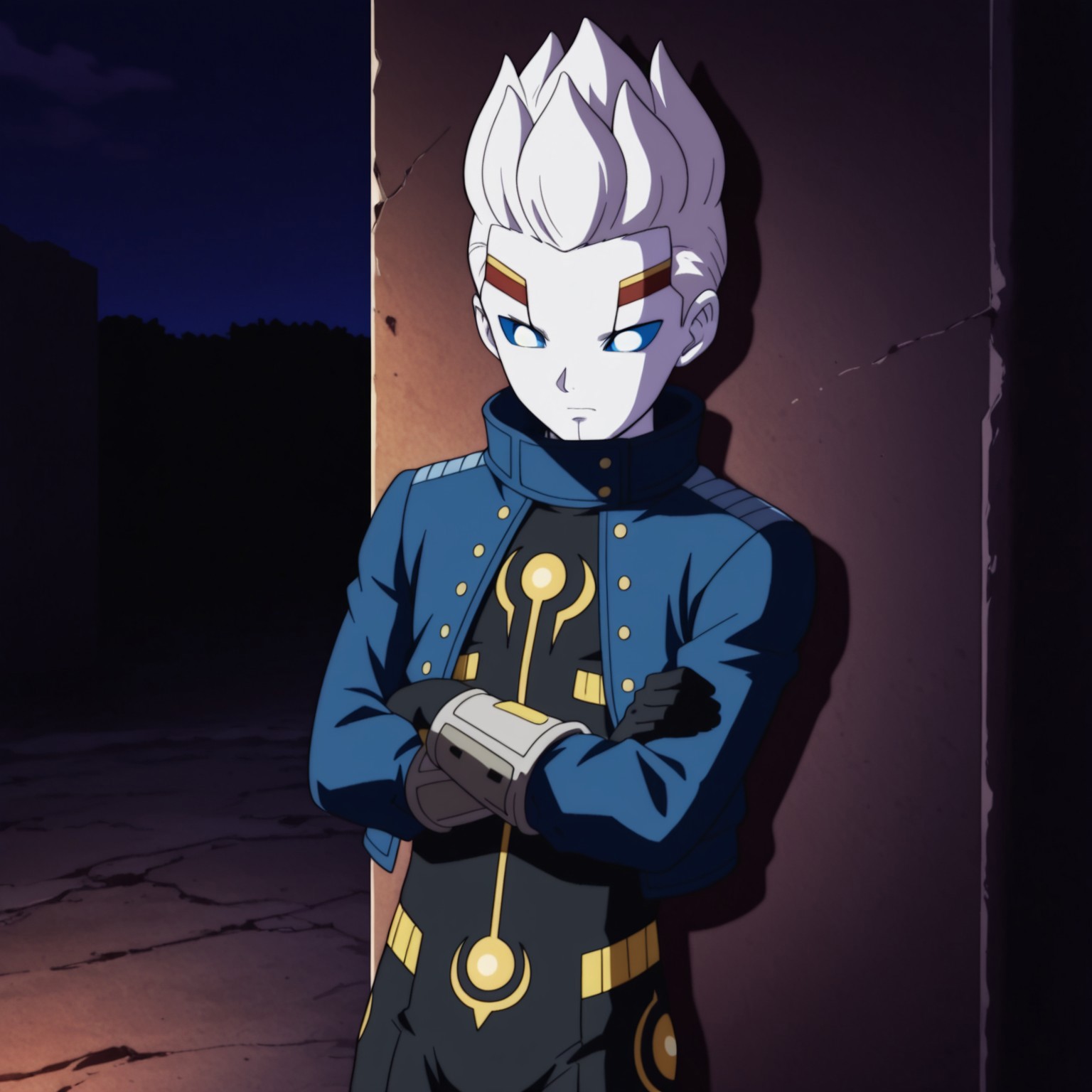 2d, 1boy, solo, Oren, male, humanoid, white spiky hair, white skin, white pupils, blue sclera, blue cropped jacket, black and yellow bodysuit, long sleeves, gray wristbands, gray legbands, yellow buttons

BREAK leaning against wall, serious expression, alleyway, dark, night, dark environment, arms crossed

BREAK best quality, amazing quality, very aesthetic, absurdres, newest, masterpiece 