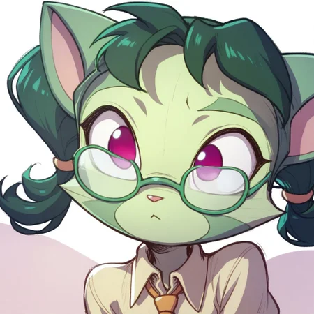 score_9, score_8_up, score_7_up, 1girl, furry, cat ears, green skin, green hair, short twintails, pink eyes, glasses, tail, solo,