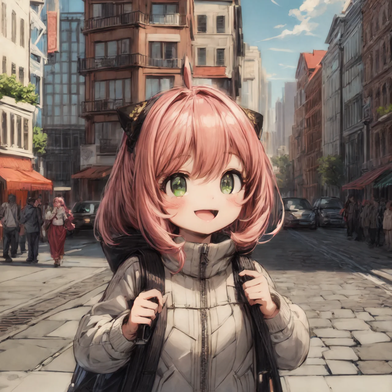anya \(spy x family\), <lora:anya_forger_spyxfamily:1>, cute, wholesome, smile, city, high quality, highres, masterpiece, best quality, 8k, intricate, detailed, <lora:add_detail:0.6>, very detailed, <lora:more_details:0.6>, <lora:JuggerCineXL2:0.6>, <lora:NsfwPovAllInOneLoraSdxl:0.5>, <lora:Smooth Anime 2 Style SDXL_LoRA_Pony Diffusion V6 XL:0.6>