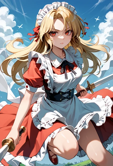 score_9_up, score_8_up, score_7_up, BREAK source_anime, (masterpiece), (best quality), 1girl, yumeko (touhou), blonde hair, dress, apron, long hair, sword, weapon, maid, maid headdress, holding, duel_wielding, raising sword, looking at viewer, upper knees, (ultra detailed), shine, from front, serious face, jumping, clear sky, <lora:Yumeko_touhou(PC-98)-V1:1>