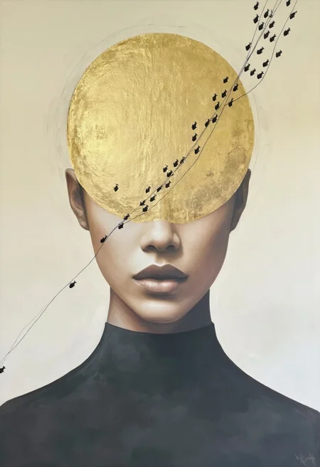 Chris Luha Art. The image is a digital painting in a surreal, abstract style. It features a stylized portrait of a woman's upper body and head. The woman's face is obscured by a golden, textured surface with a metallic sheen, giving it a reflective quality. This golden area is overlaid with a pattern of small, black, stylized fish swimming upwards, creating an abstract, almost ethereal effect. <lora:Chris_Luka:1>