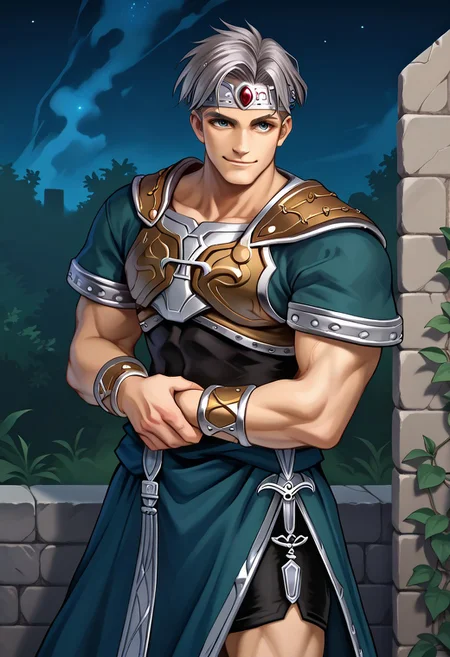 score_9, score_8_up, score_7_up, score_6_up, score_5_up, score_4_up, 1boy, muscular, view from above, natgra, crossed arms, smile, short hair, silver hair, night, green leather armor, jeweled headband, stylized blue breastplate, black shorts, stylized blue loincloth, single brown pauldron, metal wristbands, sheathed dagger, gray stone wall, vines, spiderweb,