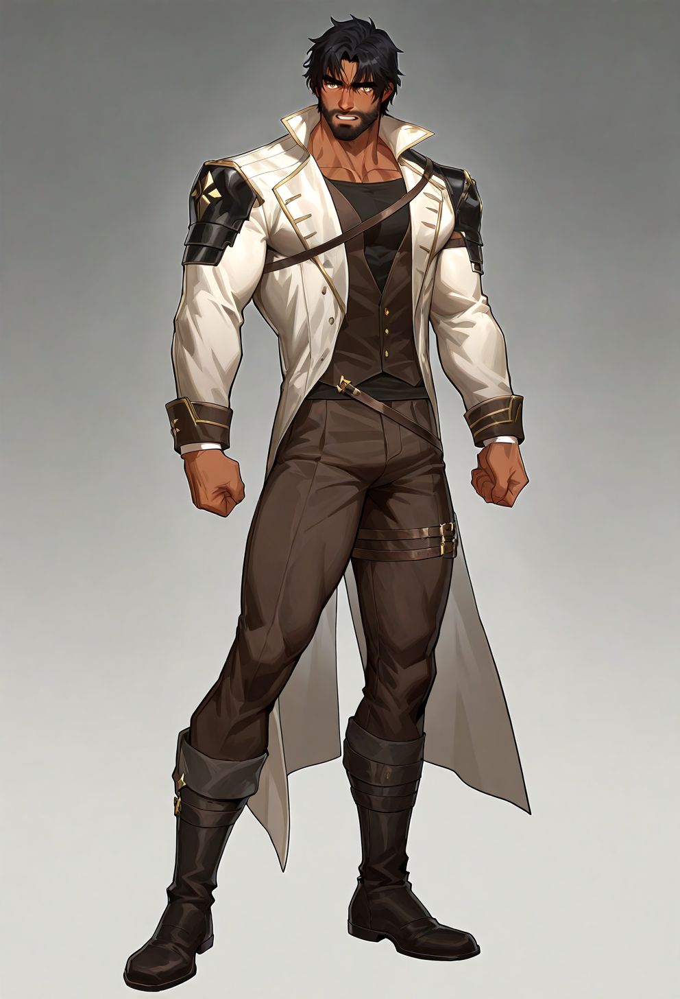 1boy,bara,muscular male,mature male,
black hair,dark skin,facial hair,beard,yellow eyes,
full body,coat,grey background,
very awa,masterpiece,best quality,absurdres,newest,perfect quality,detailed background,intricate details,
<lora:4k:1>,<lora:Jayce_Survivor:1>,
