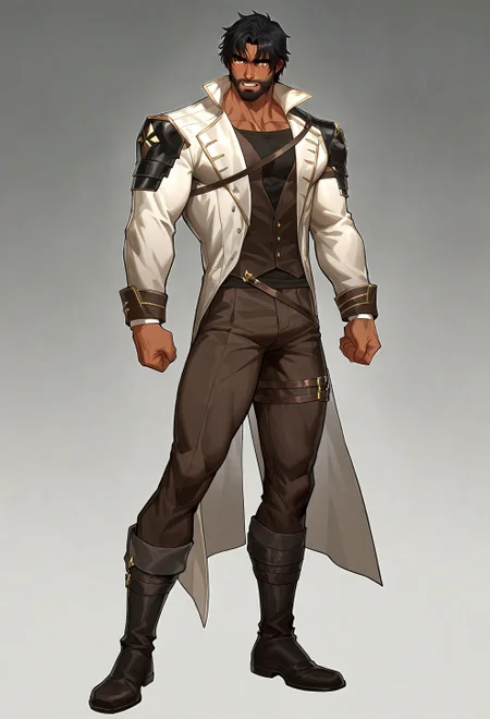 1boy,bara,muscular male,mature male,
black hair,dark skin,facial hair,beard,yellow eyes,
full body,coat,grey background,
very awa,masterpiece,best quality,absurdres,newest,perfect quality,detailed background,intricate details,
<lora:4k:1>,<lora:Jayce_Survivor:1>,