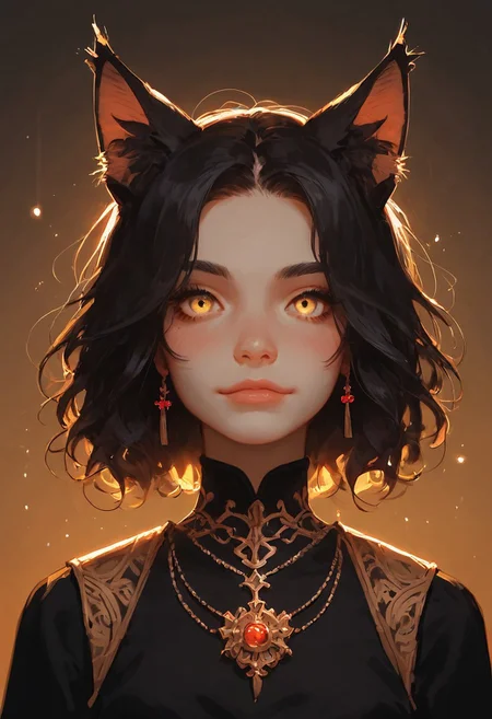 score_9, score_8_up, score_7_up, score_6_up, score_5_up, score_4_up, score_9, score_8_up, score_7_up, (best quality, masterpiece, colorful, highest detailed),, fashion photography of cute (beautiful cat girl), (solo, 1girl), (((young adult))), (yellow expressive eyes), (black hairs, short hairs, messy hairs), ((black cat ears, black cat tail)), in high detailed textured (((simple black dress:1.5))), (ultra-detailed body), (intricate details), (dynamic angle), ((( blushing))), ((take place in a European medieval town:1.5)), smiling g0thicPXL, glowing, neon, Expressiveh,